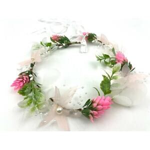Floral Hair Wreath Wrap Tiara Boho Natural Ribbon Pearl NEW Pink White